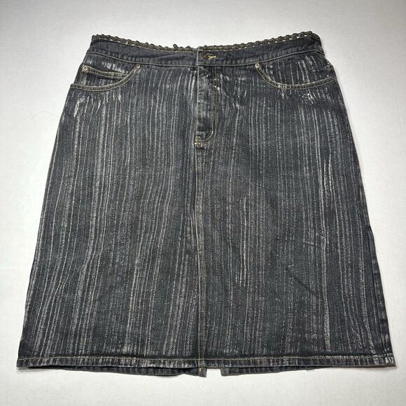 VTG Newport News Jeanology Denim Jean Skirt Black Laced Up Waist Back Slit SZ 18 - Picture 2 of 14